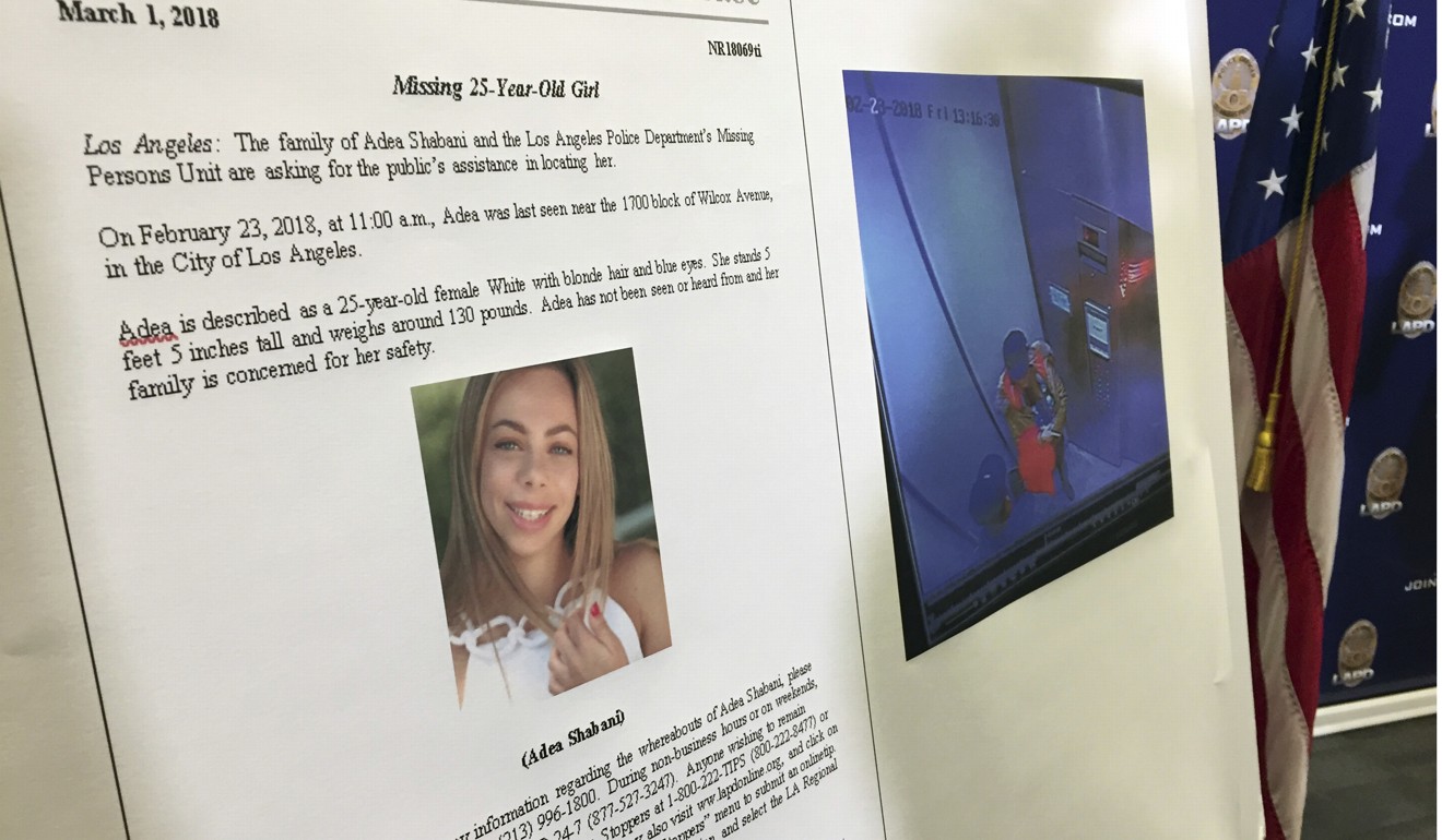 This photo taken during a news conference on Tuesday in Los Angeles shows a poster about Adea Shabani, an aspiring model and actress from Macedonia who vanished in Los Angeles in February. Photo: AP