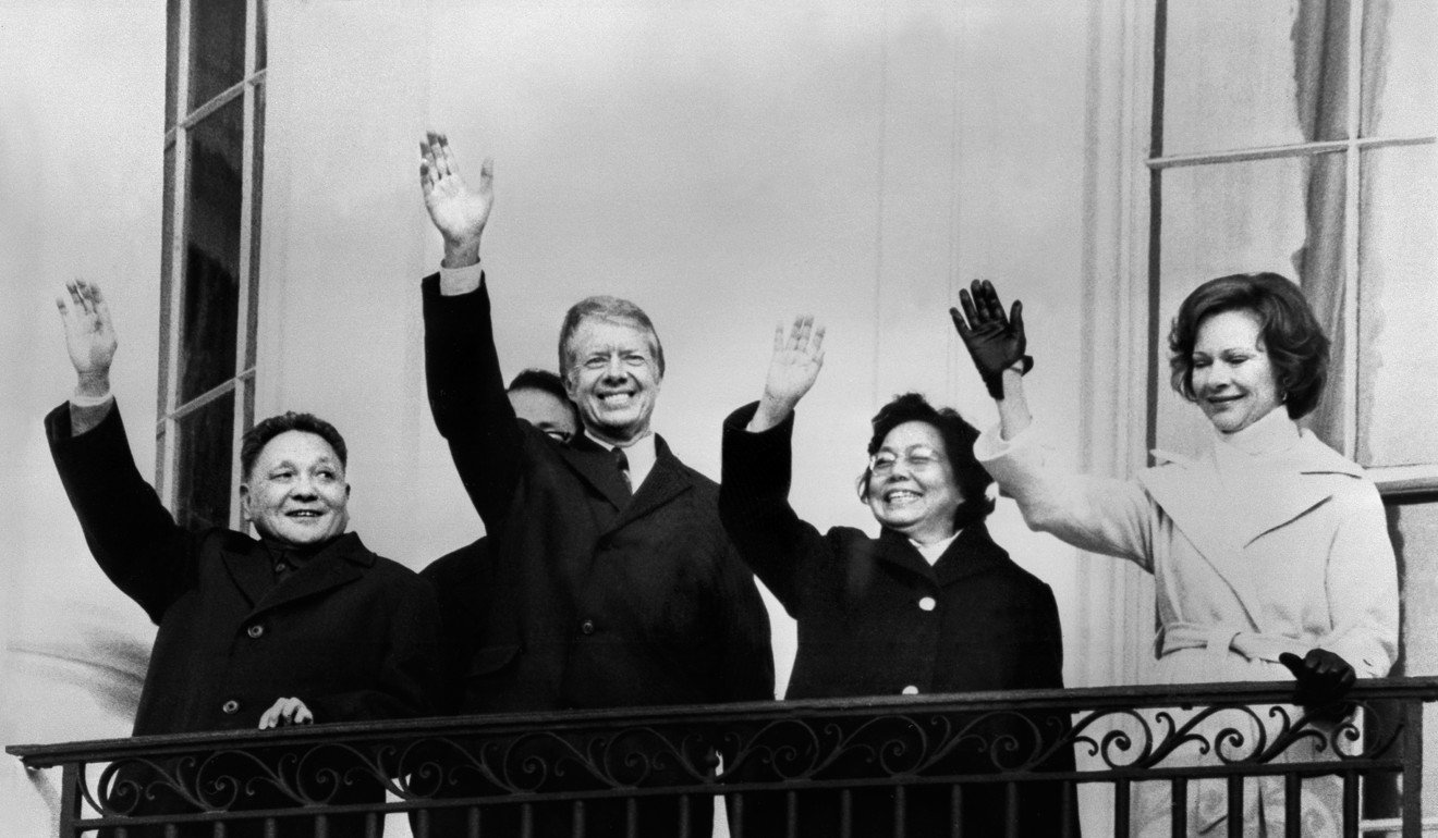 Chinese vice-premier Deng Xiaoping and US president Jimmy Carter, with their wives Cho Lin and Rosalynn Carter, wave from a balcony of the White House in Washington on January 29, 1979. Carter’s visionary outlook on China endeared him to the country’s people.  Photo: AFP