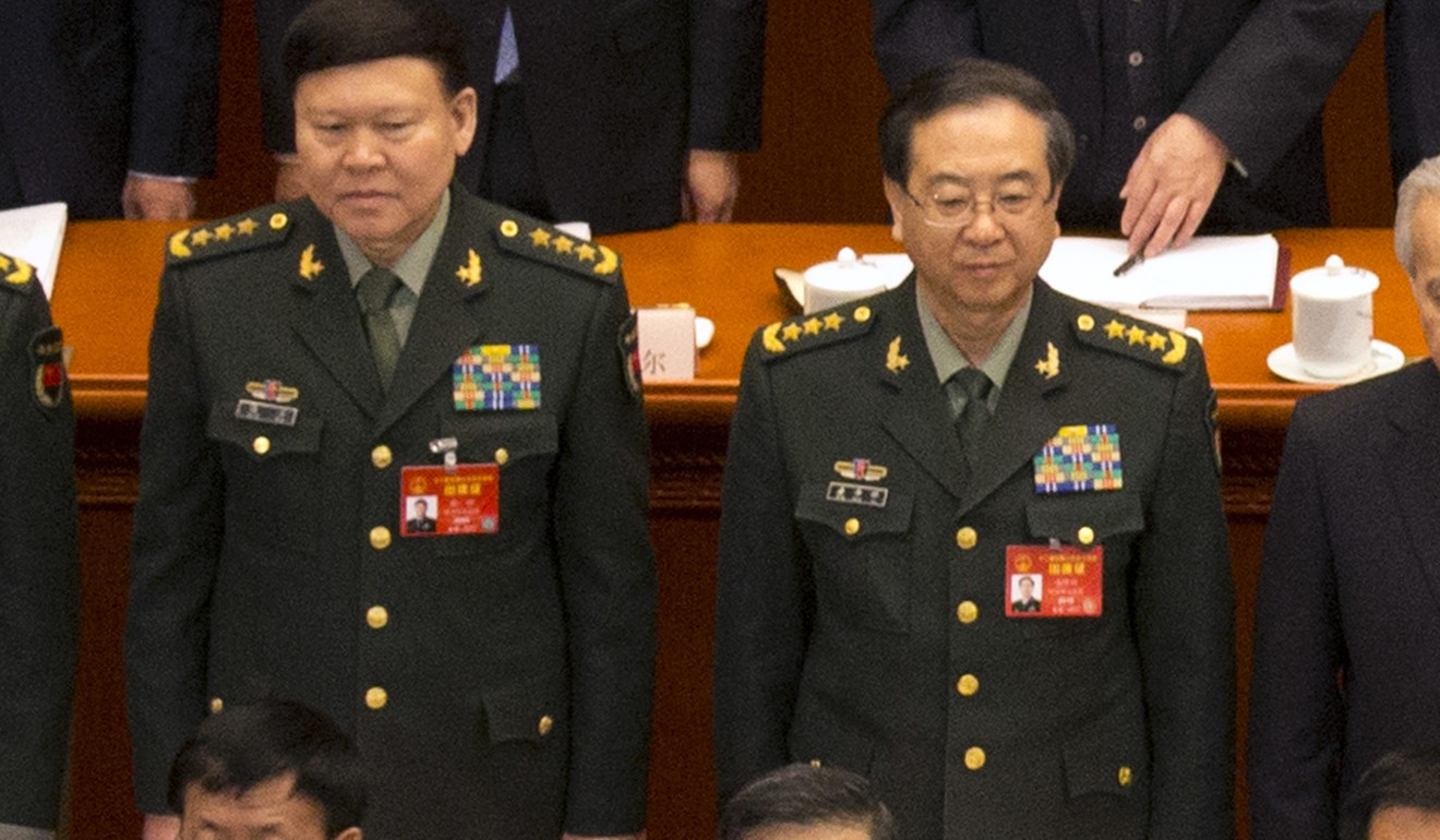 Zhang Yang (left), the then head of China’s People’s Liberation Army political affairs department, and Fang Fenghui (right), the then chief of the general staff of the PLA, are pictured in March 2017 in Beijing. Both Fang and Zhang came under investigation for corruption last year, and Zhang reportedly killed himself in November 2017. Photo: AP