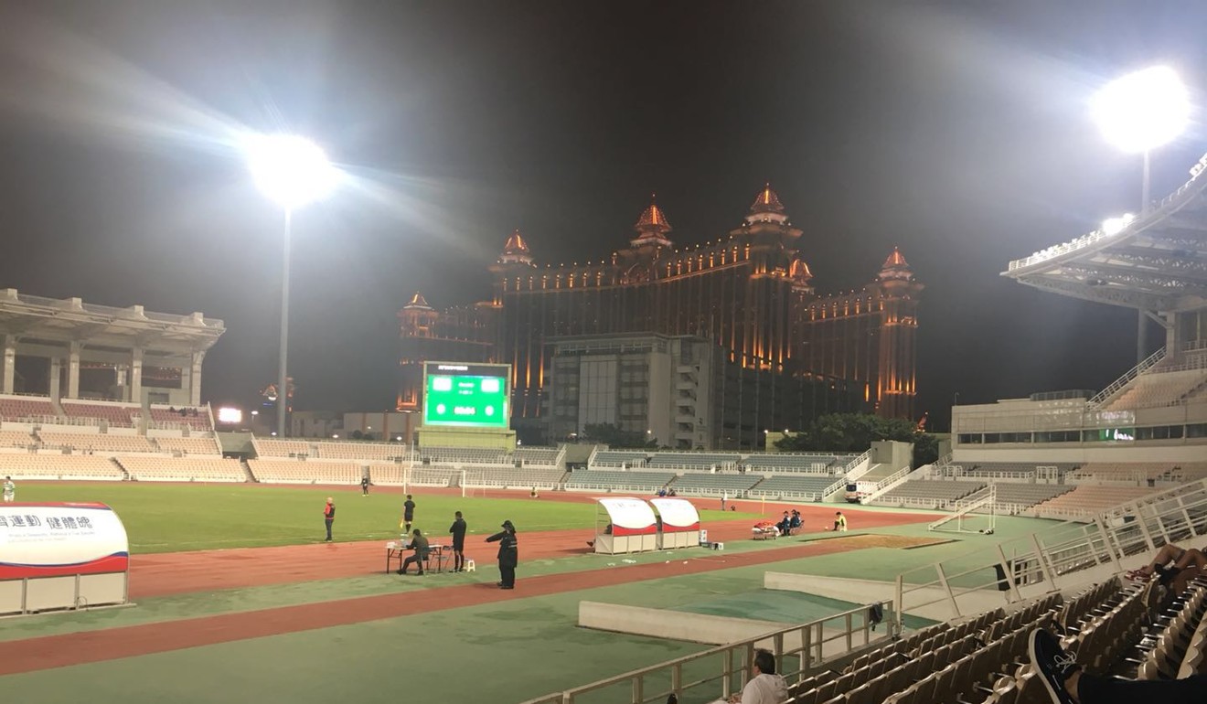 The Galaxy Macau complex looms in the background of the Macau Olympic Stadium ahead of the Elite League derby. Photo: Jonathan White
