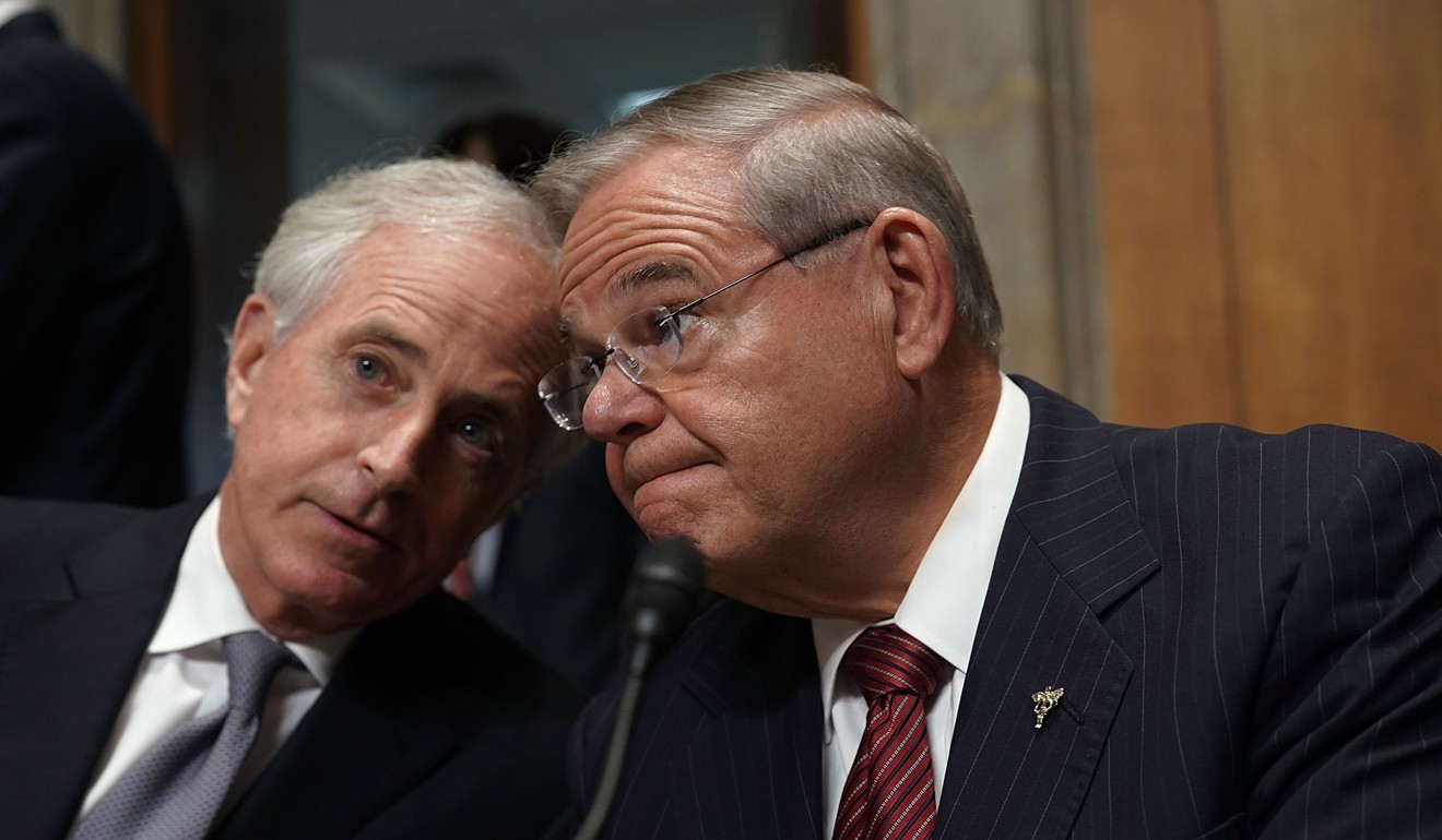 US Senator Bob Corker (left), Republican chairman of the Senate Foreign Relations Committee, shares a moment with ranking Democrat Senator Bob Menendez before to a committee meeting on Monday to consider the nomination of CIA Director Mike Pompeo to be the next Secretary of State. Photo: Agence France-Presse