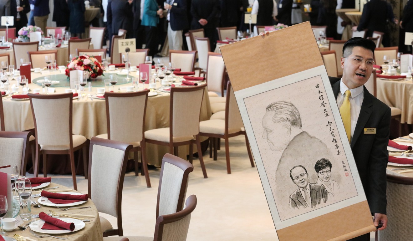 Gary Fan with his drawing of Wang and Chief Executive Carrie Lam turning their backs on Deng Xiaoping. Photo: Felix Wong