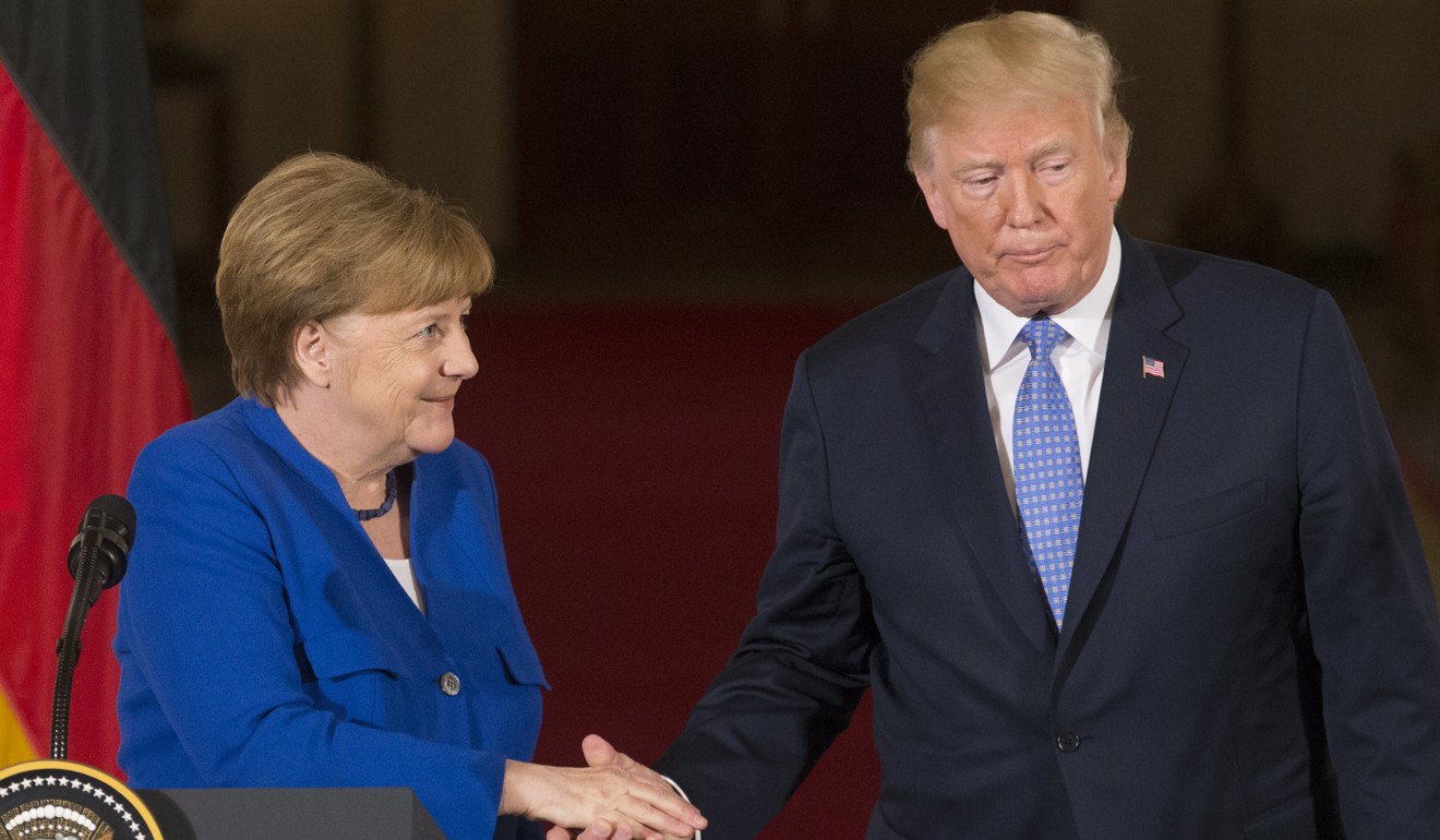 German Chancellor Angela Merkel and US President Donald Trump during the former’s visit to Washington on April 27. Merkel and French President Emmanuel Macron want the US president to stand by the Iran nuclear disarmament deal signed three years ago. Photo: EPA-EFE