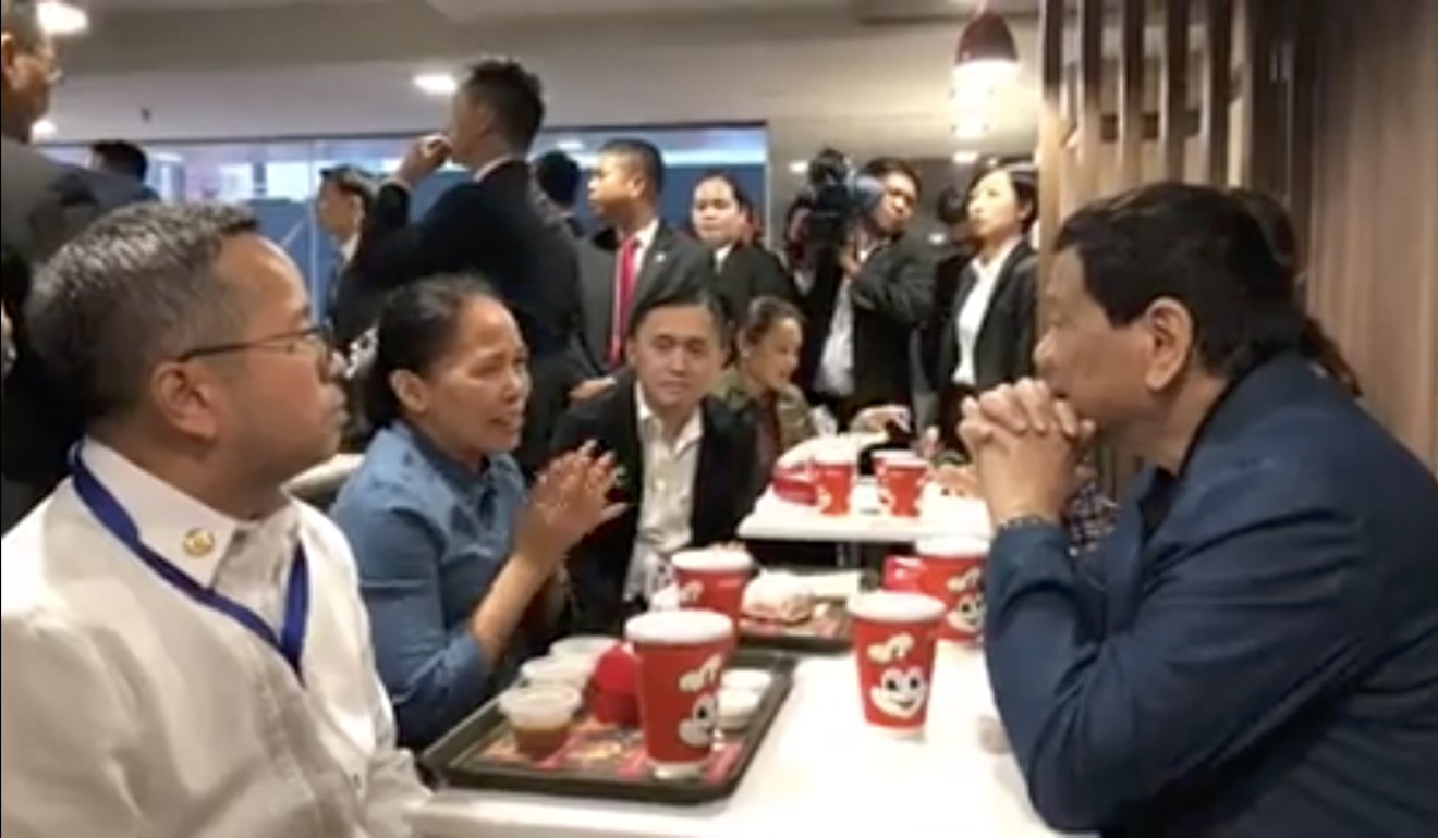 Philippines President Rodrigo Duterte impressed many when he met and chatted to Philippine domestic workers at a Jollibee restaurant in Hong Kong in April during his visit. Photo: Facebook