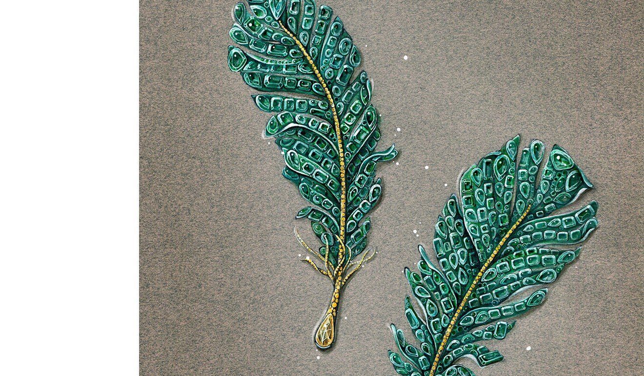 A sketch of the Emerald Feather Brooches by Cindy Chao The Art Jewel
