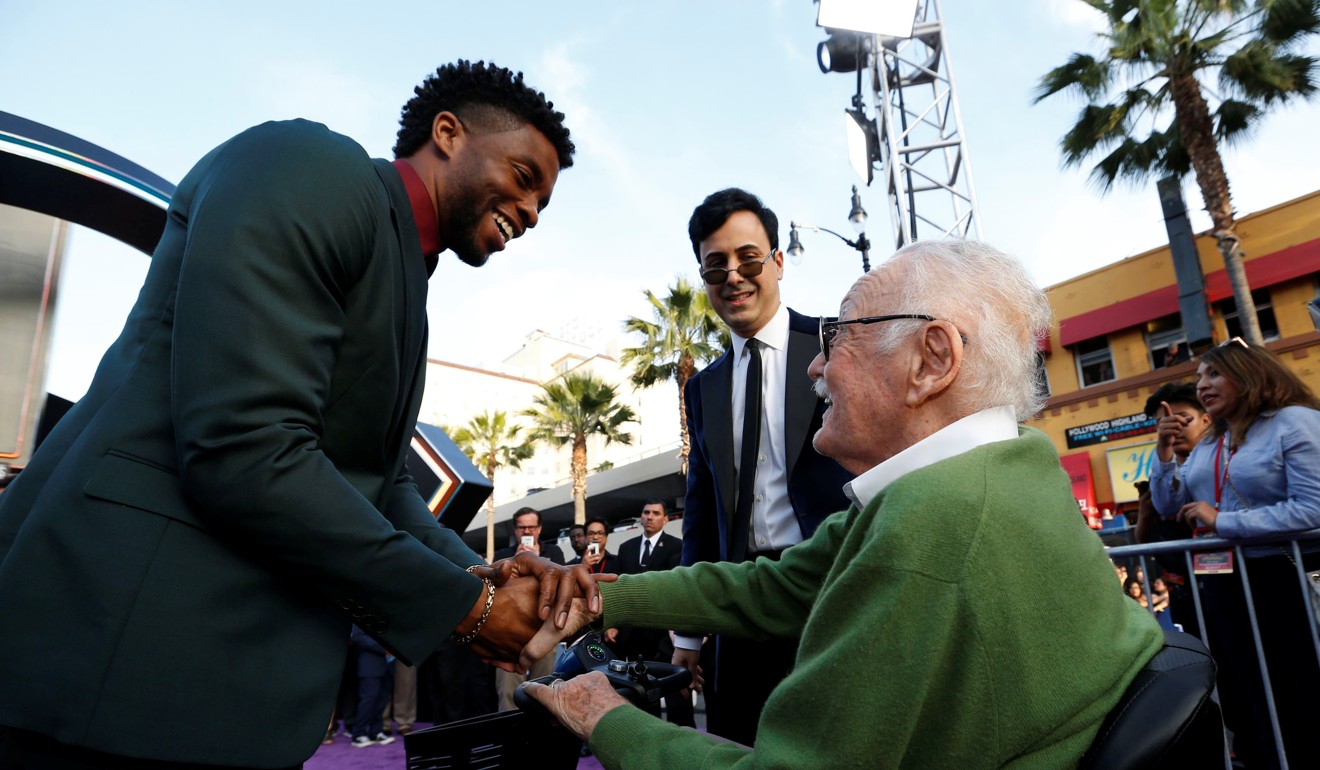 Black Panther star Chadwick Boseman (left) greets Stan Lee at the premiere of “Avengers: Infinity War” in Los Angeles on April 23. Photo: Reuters