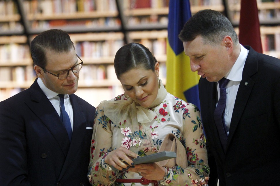From left, Prince Daniel and Crown princess Victoria with Latvian president Raimonds Vejonis during the royal couple’s visit to Latvia. Photo: EPA-EFE
