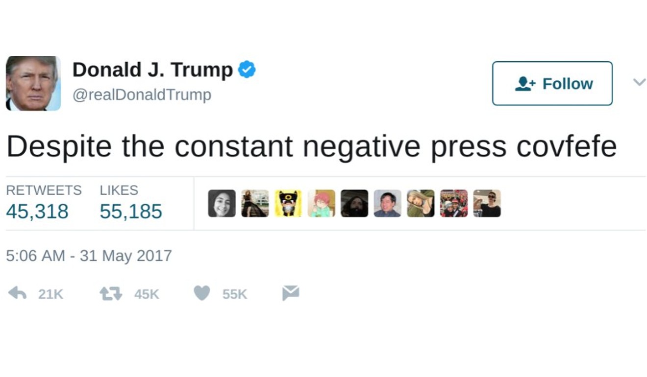 The infamous “covfefe” tweet posted on Donald Trump’s personal account in May 2017 was probably all his own work as sources say aides do not misspell words in presidential tweets. Photo: Twitter