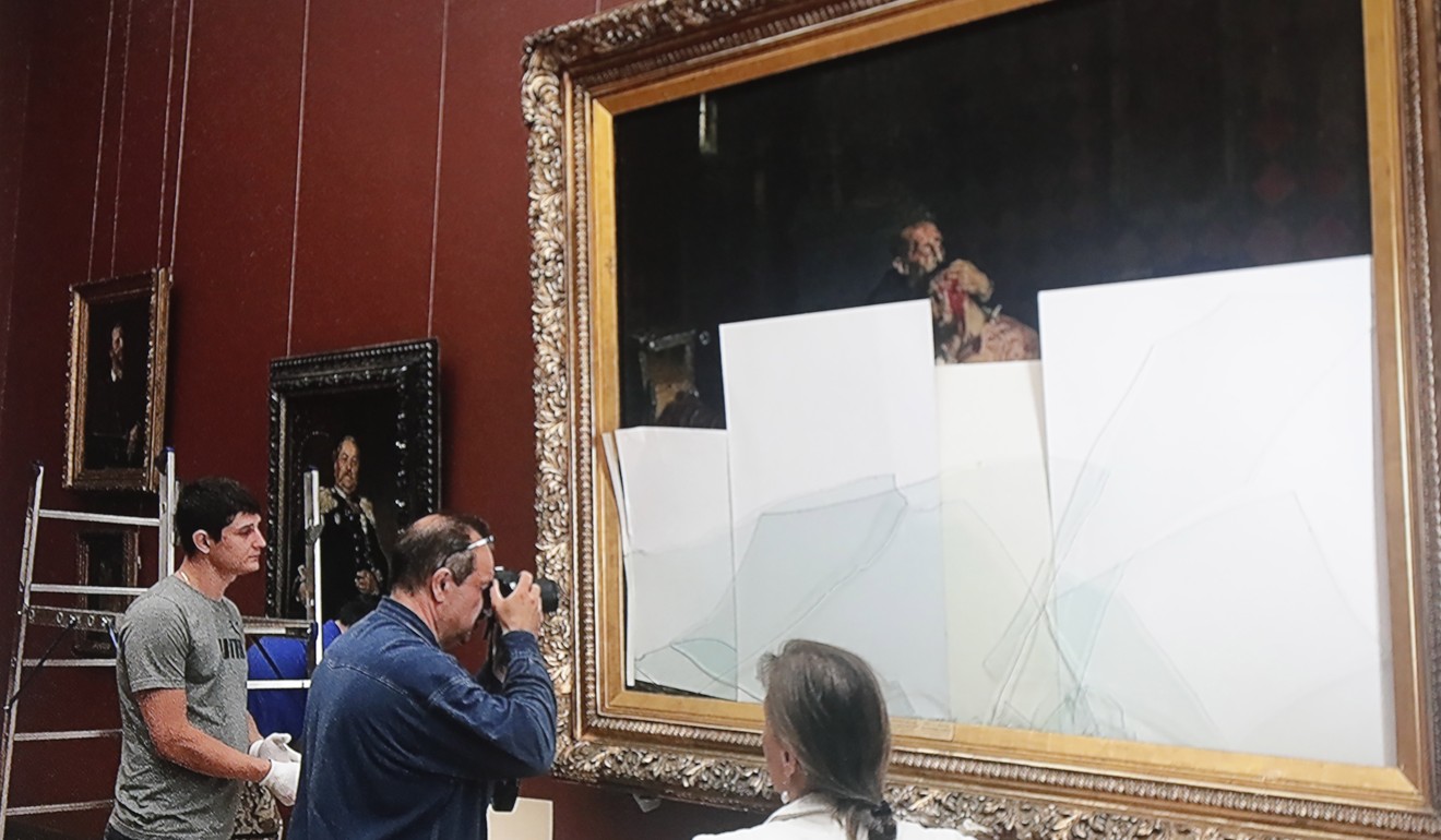 The damaged painting “Ivan the Terrible and His Son Ivan on November 16, 1581” at the Tretyakov Gallery in Moscow on Monday. Photo: EPA