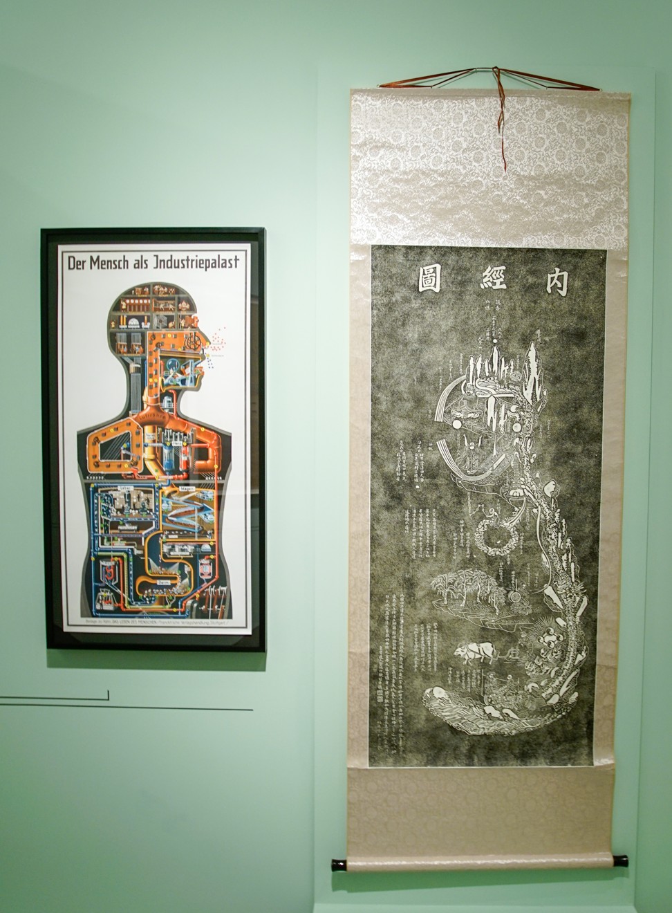 Left: Der Mensch als Industriepalast (Man as Industrial Palace), 1926 (recent reprint), by Fritz Kahn. Right: Nei Jing Tu (Chart of the Inner Canon), 1886 (recent reprint from a stone rubbing).