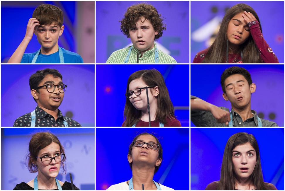In this combination of photos, students compete in the Scripps National Spelling Bee in Maryland. Photo: AP