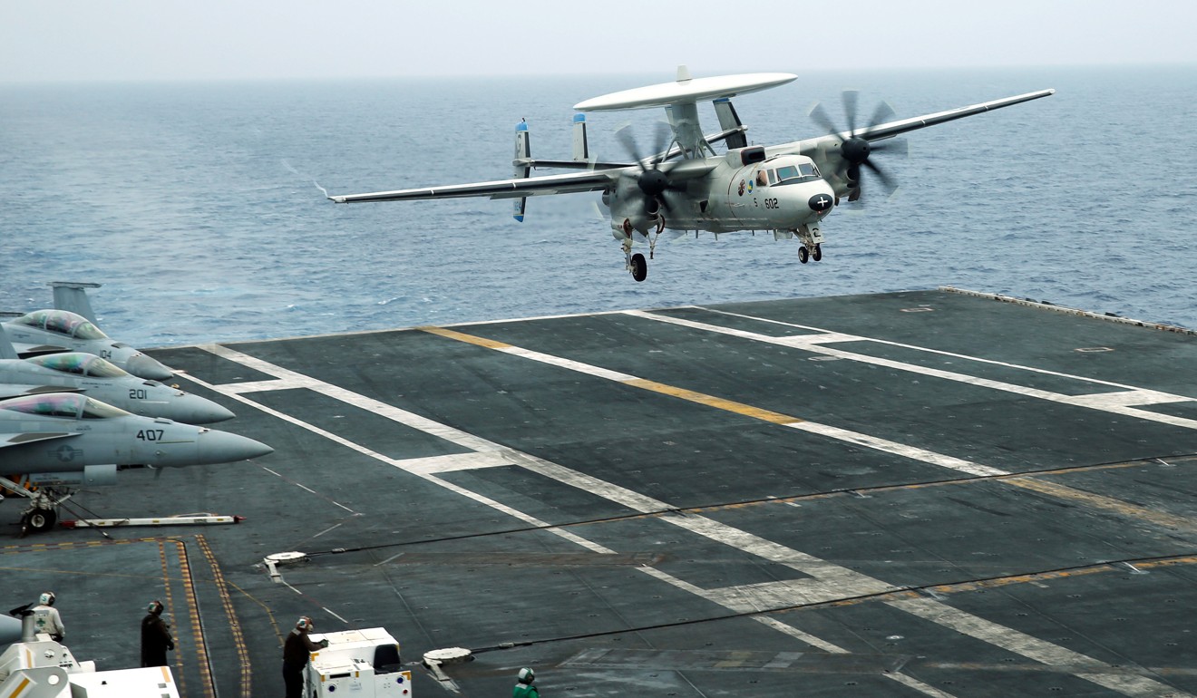 An E-2D Hawkeye plane approaches the USS John C. Stennis aircraft carrier during a joint military exercise between the United States, Japan and India off Japan's southernmost island of Okinawa in June 2016. China’s rise has prompted these three countries, along with Australia, to reconsider an “Indo-Pacific” alliance of democracies in the region but very little has emerged that is concrete. Photo: Reuters