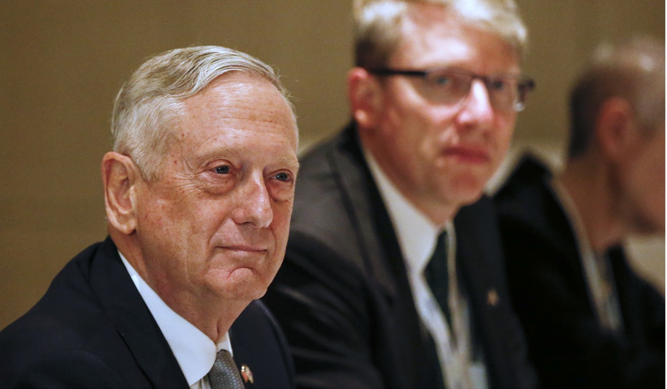 US Defence Secretary Jim Mattis (left) looks on during a bilateral meeting with South Korean defence minister Song Young-moo at the summit on Saturday. Photo: AP