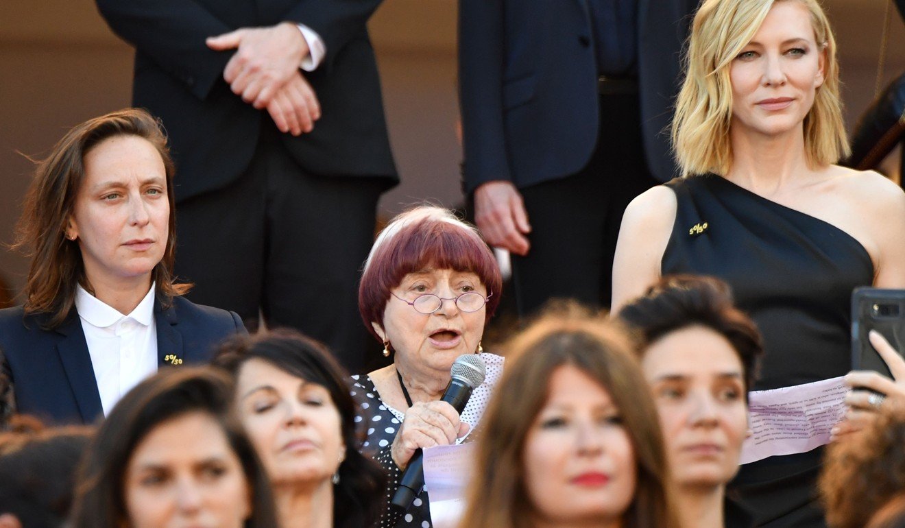 French director Agnès Varda (with microphone) delivers a speech on the red carpet at the recent Cannes Film Festival with Australian actress Cate Blanchett (right) and directors, actresses and industry representatives in protest at the lack of female filmmakers honoured in the festival’s history. Photo: AFP