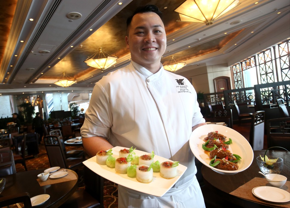 Executive Chinese chef Jayson Tang of JW Marriott Hong Kong with steamed Omnipork stuffed in winter melon with assorted fungus (left), and braised king oyster mushroom stuffed with Omnipork. Photo: David Wong