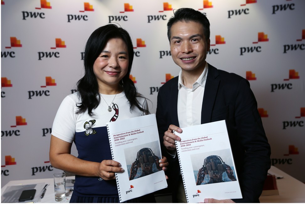 Cecilia Yau, PwC’s head of Hong Kong entertainment and media sector and Wilson Chow, head of global technology, media and telecommunications at PwC, release the Global Entertainment & Media Outlook report on Wednesday. Photo: Xiaomei Chen