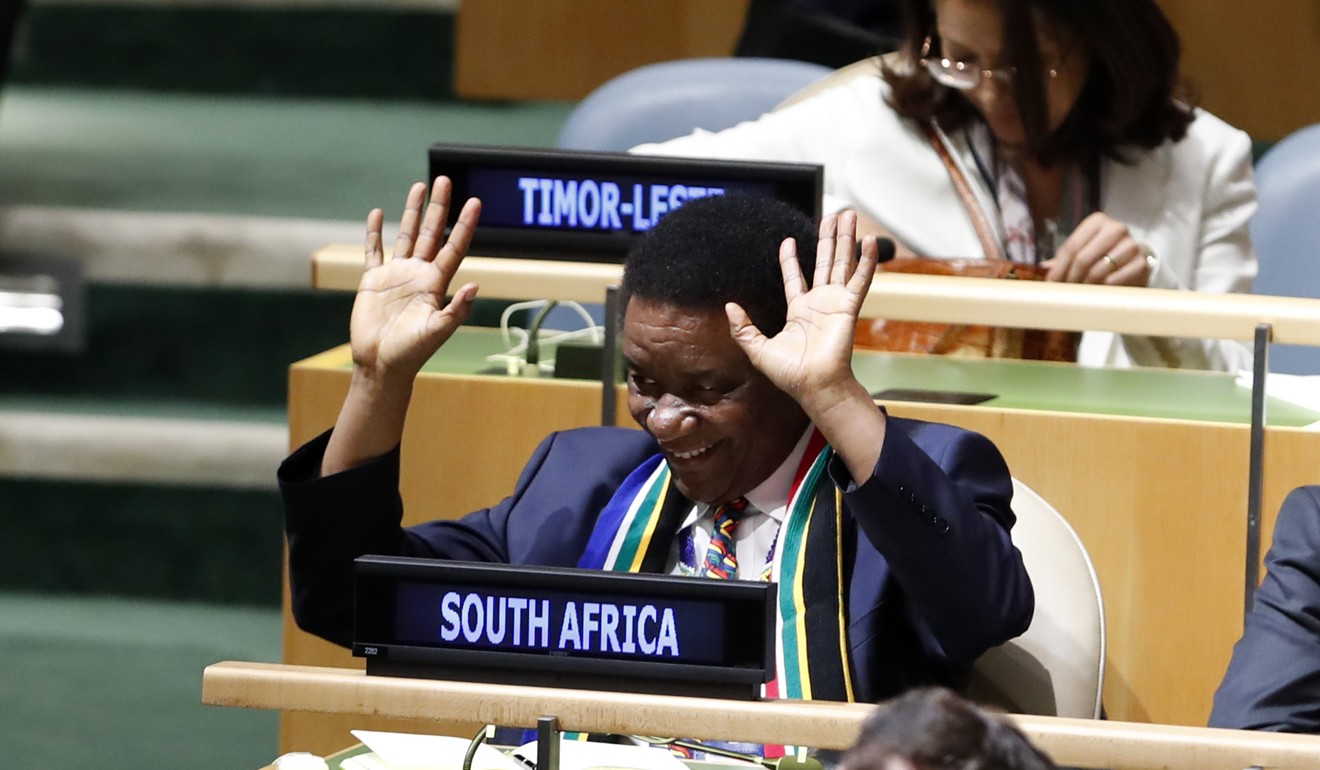 South African Ambassador to the United Nations Jerry Matthews Matjila reacts after South Africa was elected as non-permanent member of the UN Security Council. Photo: Xinhua