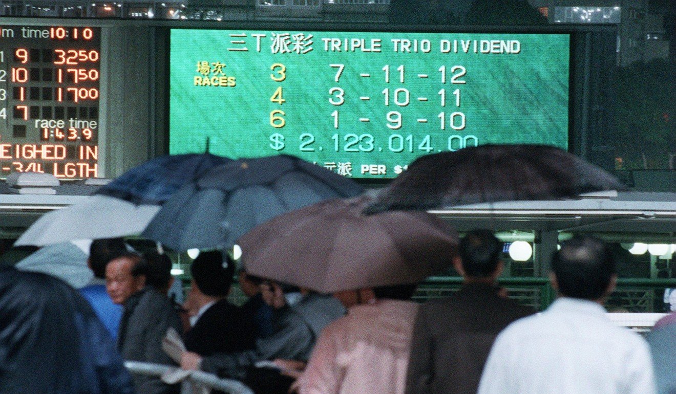 A display board at Happy Valley Racecourse shows the Triple Trio dividend on January 22, 1997. Picture: SCMP