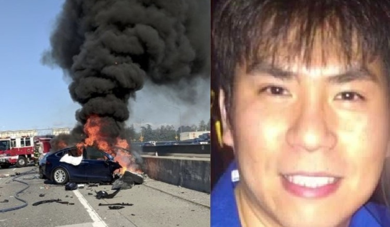 Walter Huang (right) died when his Tesla (left) crashed and burned in Mountain View, California, in March.