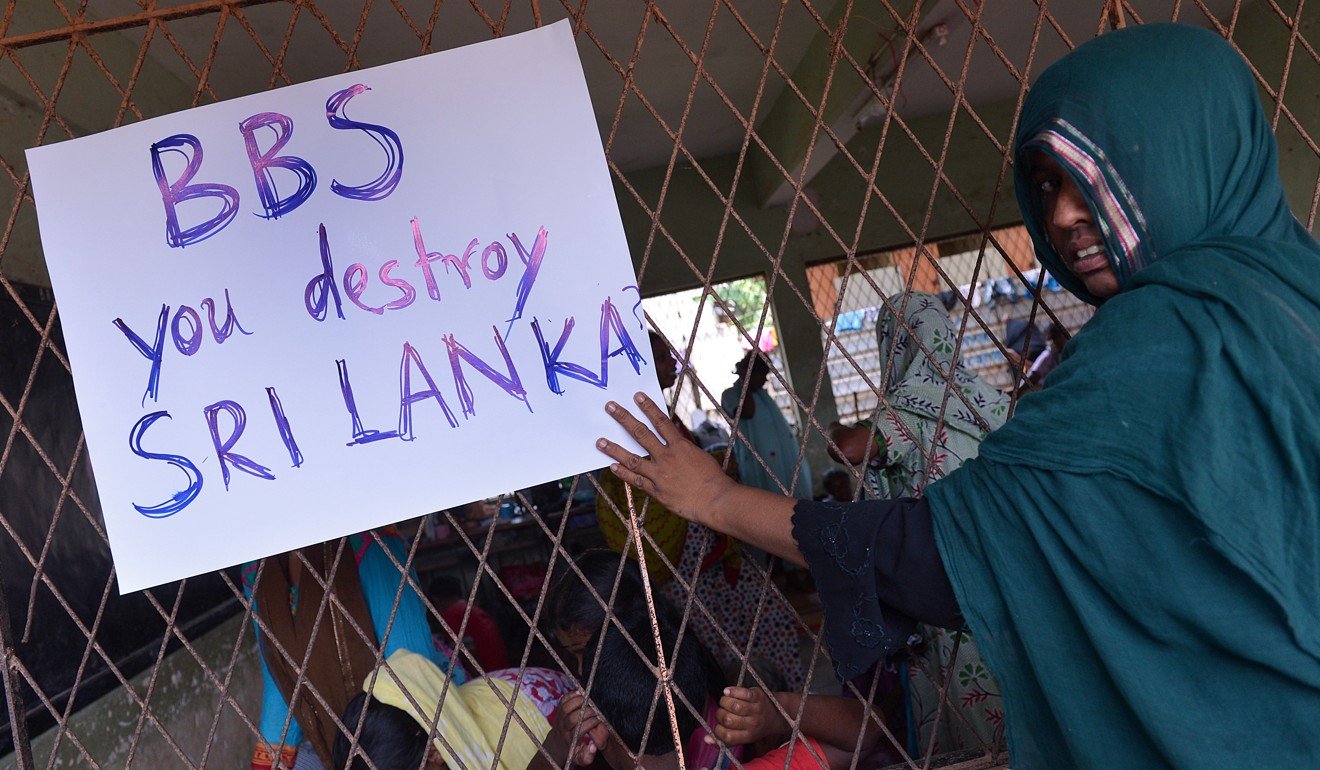 Muslims, made homeless after two days of anti-Muslim riots in Sri Lanka’s tourist region of Alutgama, demonstrate against radical Buddhist group Bodu Bala Sena. Photo: AFP