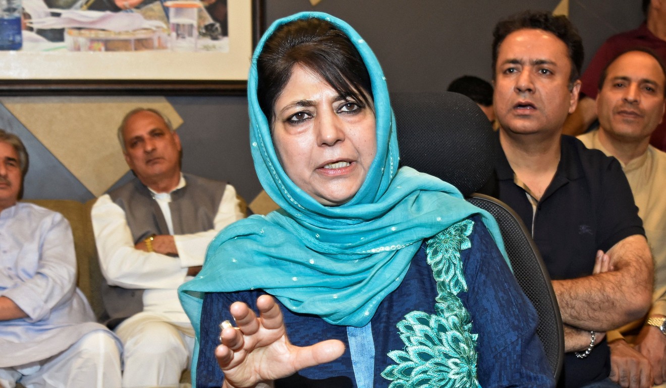Mehbooba Mufti gestures as she addresses a news conference in Srinagar. Photo: Reuters