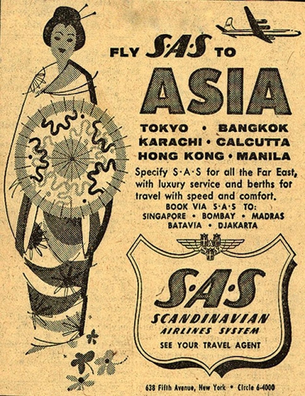 An advertisement announcing Scandinavian Airlines’ Asia routes.
