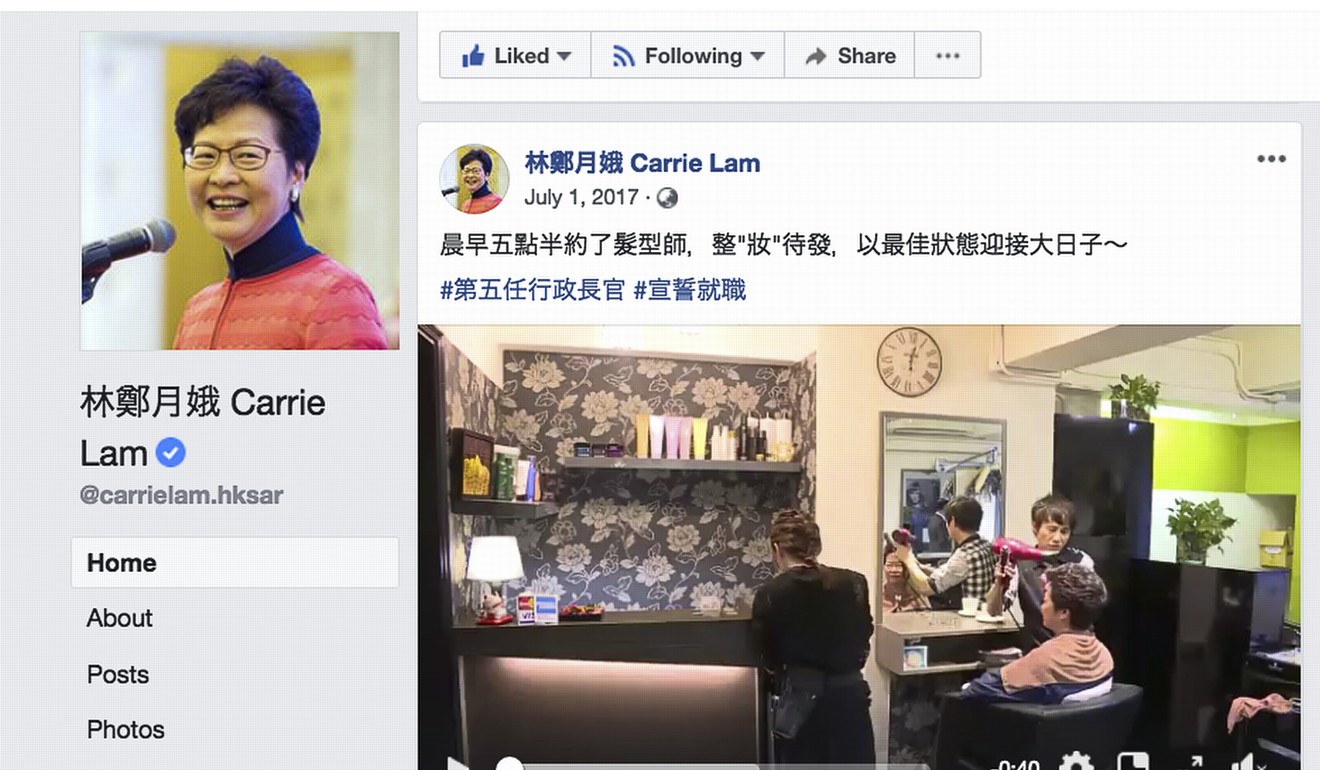 A video on Lam's official Facebook page featured her looking slightly bashful as she got her hair and make-up done ahead of her inauguration ceremony. Photo: Facebook