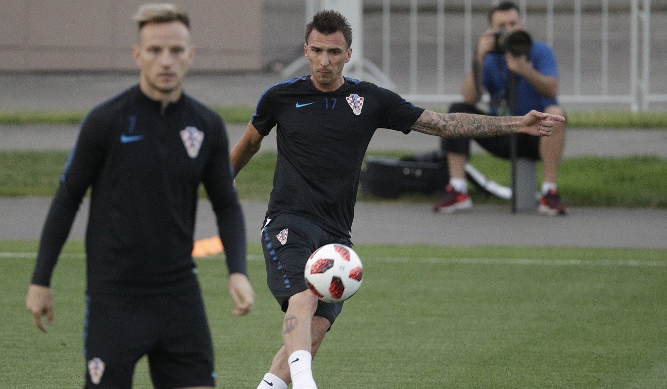 Croatia’s Mario Mandzukic (right) kicks the ball during training. Photo: AP