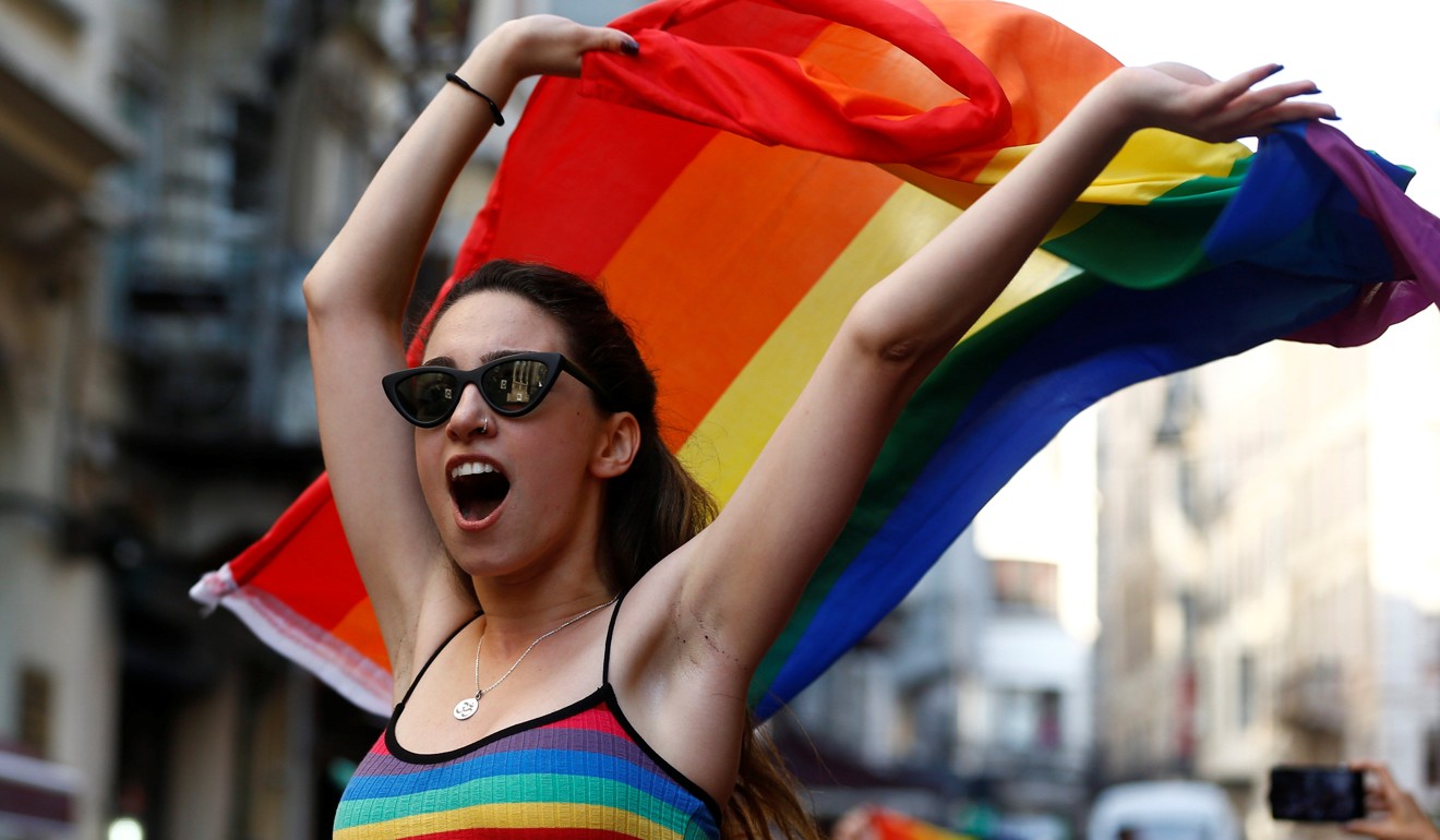 A member of the LGBT community takes part in a Gay Pride parade in central Istanbul, Turkey, on Sunday. Photo: Reuters