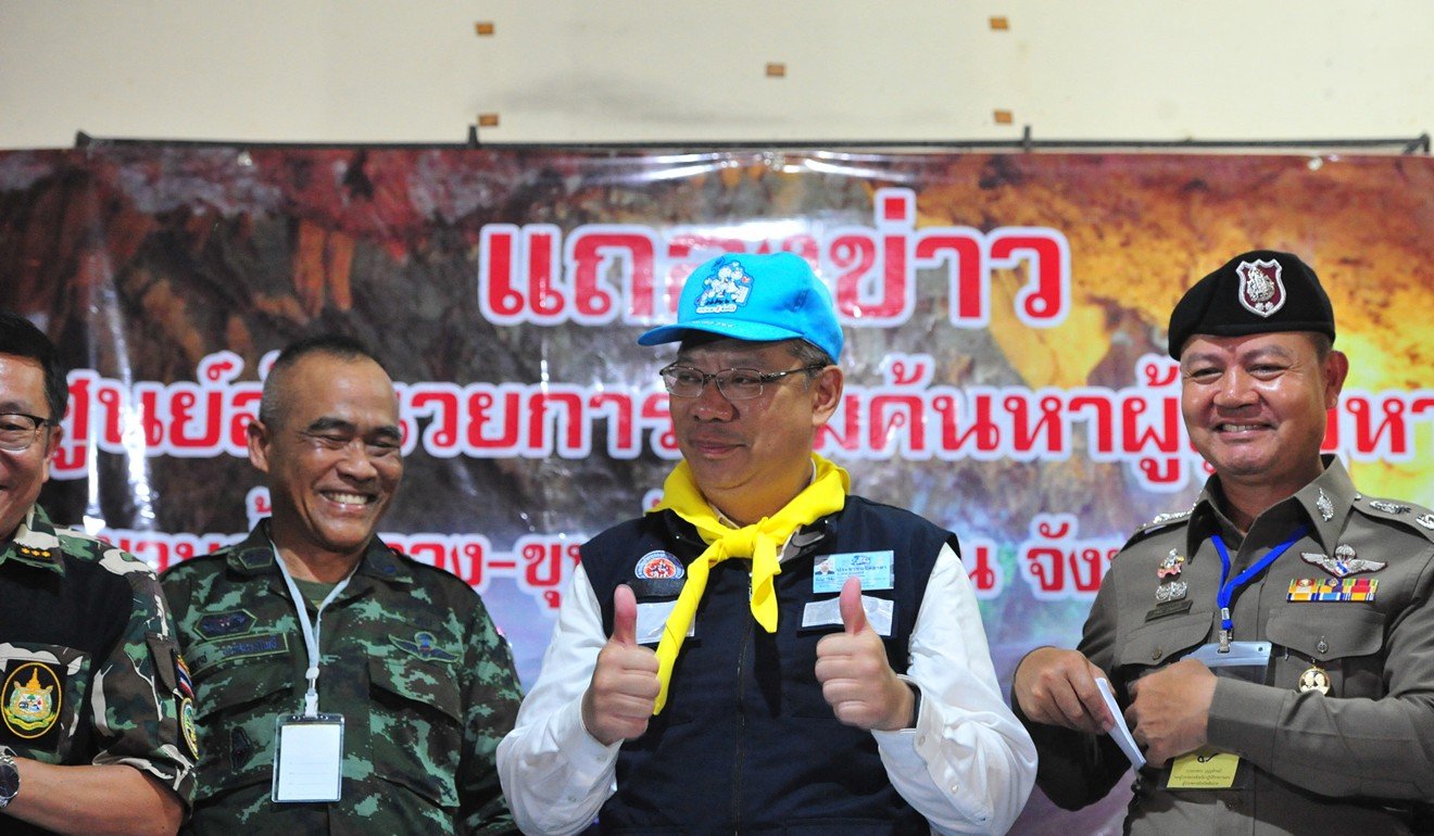 Rescue mission chief Narongsak Osottanakorn (centre) thanked people in Thailand and from around the world soon after the final rescues were completed. Photo: Xinhua