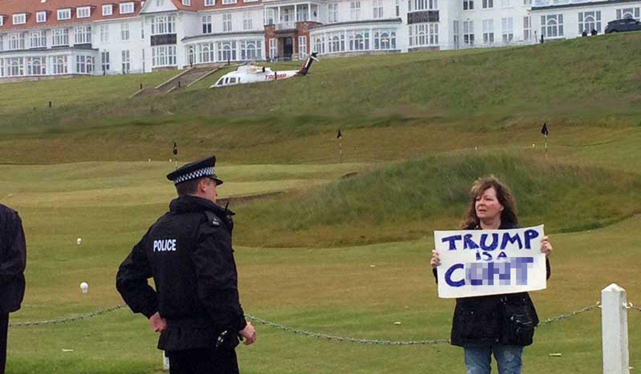 Stand-up comedian Janey Godley 'welcomes' then-US presidential candidate Donald Trump to Scotland in June 2016. Photo: janeygodley.com