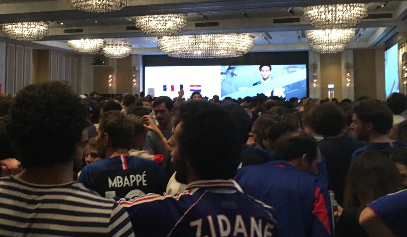France fans react while watching the 2018 Fifa World Cup final between France and Croatia at the Kerry Hotel in Hung Hom.