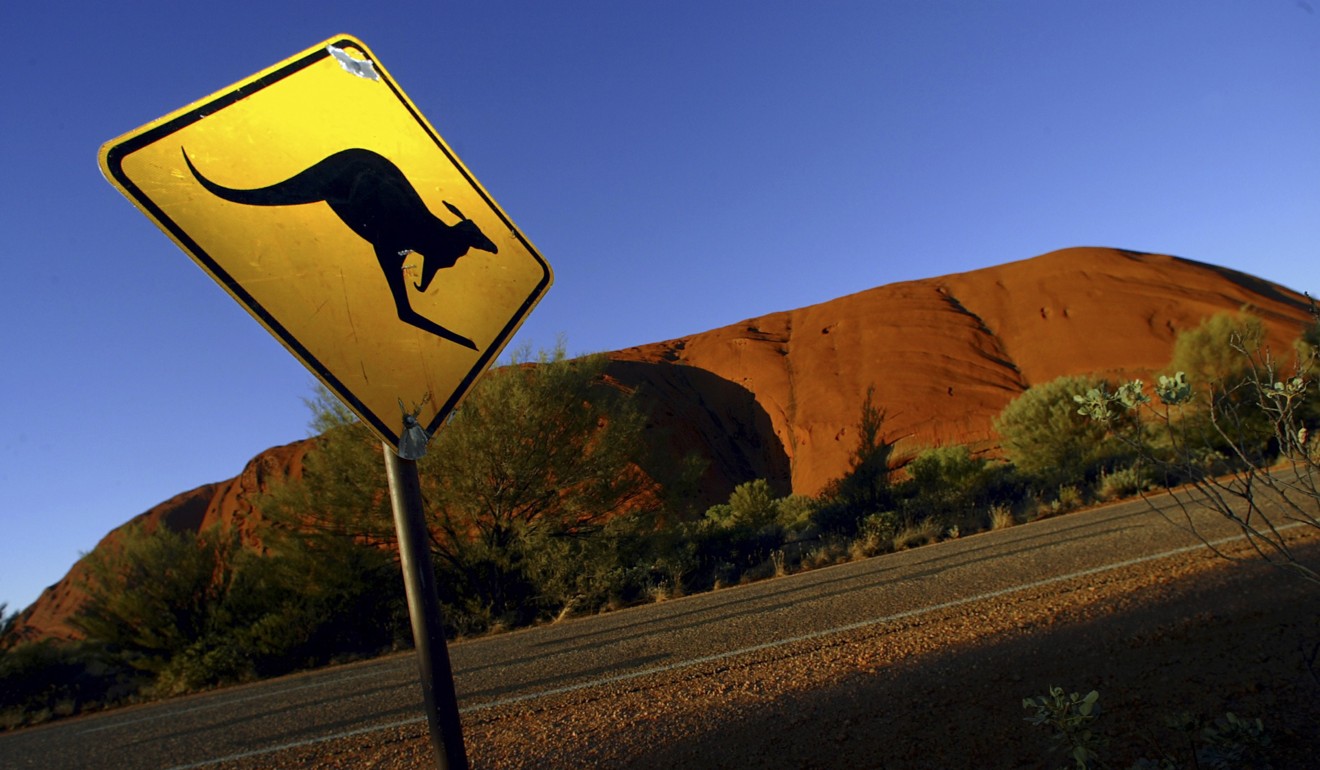 A road sign near Uluru (Ayers Rock), about 350km southwest of the central Australian town of Alice Springs, warns drivers of the dangers of kangaroos crossing the road. Photo: Reuters