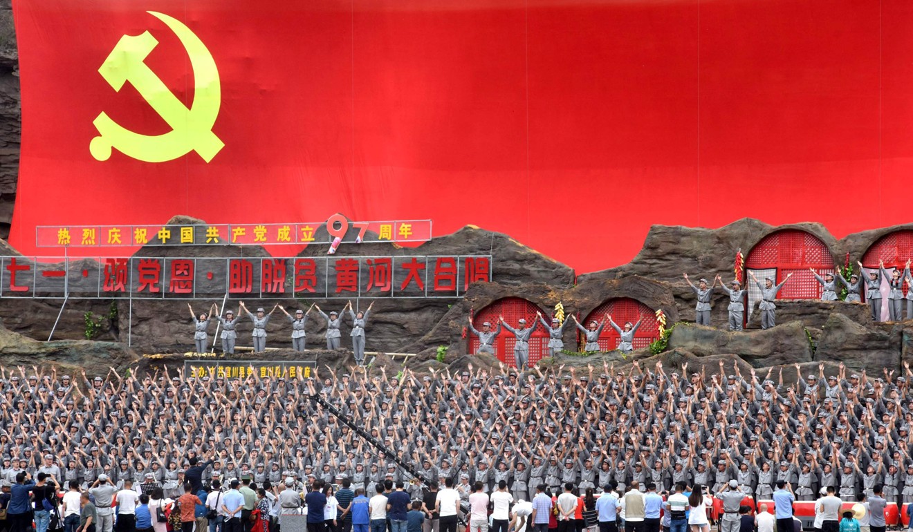 A performance of the “Yellow River Cantata” is held on June 29 to celebrate the upcoming founding anniversary of the Chinese Communist Party, at the Yellow River Hukou Waterfall scenic area in Yanan, Shaanxi province. Photo: Reuters