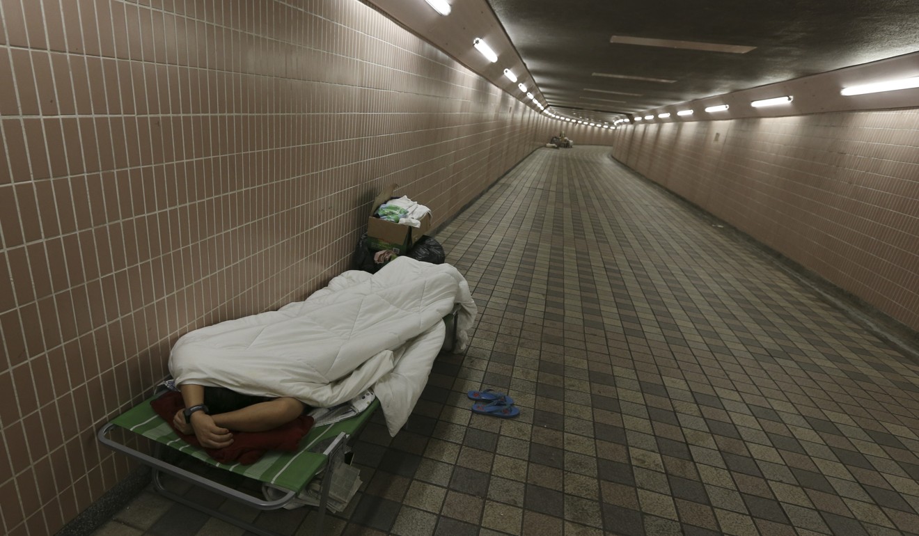 A homeless person shelters inside a Causeway Bay underpass. The promise of social welfare in the Basic Law is one of Goodstadt’s many talking points. Photo: Felix Wong