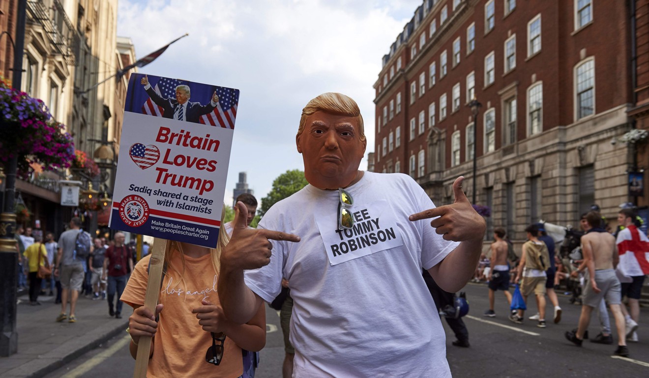 Trump supporters mix with protesters at a rally by supporters of far-right spokesman Tommy Robinson in Trafalgar Square in central London on July 14, 2018. Photo: AFP