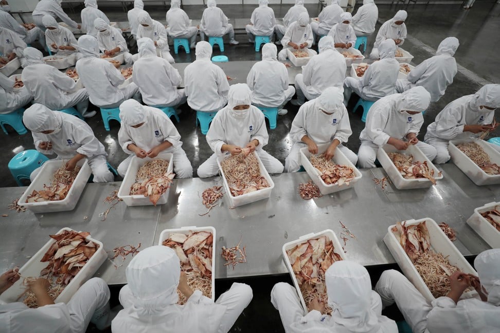 Workers tear dried squids for export in a factory of a company manufacturing seafood products in Lianyungang, Jiangsu province, China July 5, 2018. Photo: REUTERS