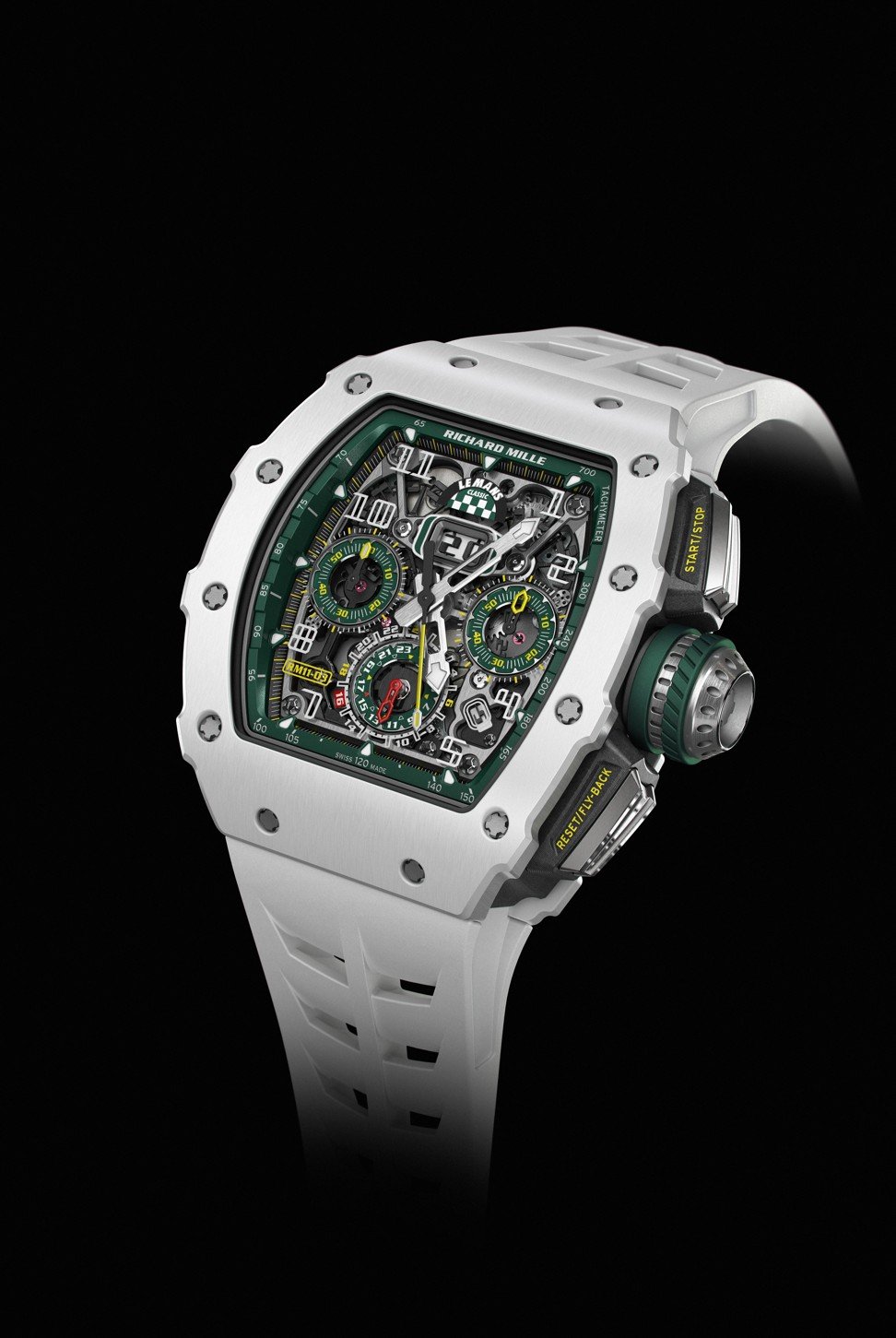 RM11-03 LMC stands out with its white ceramic and traditional British racing green body.