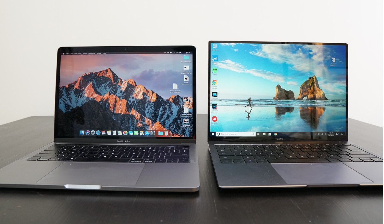 The 13-inch 2018 MacBook Pro (left) next to the Huawei MateBook X Pro. Both laptops have very similar physical size, but Huawei’s laptop has a larger display (13.9-inch to Apple’s 13.3-inch) due to slimmer bezels. Photo: Ben Sin