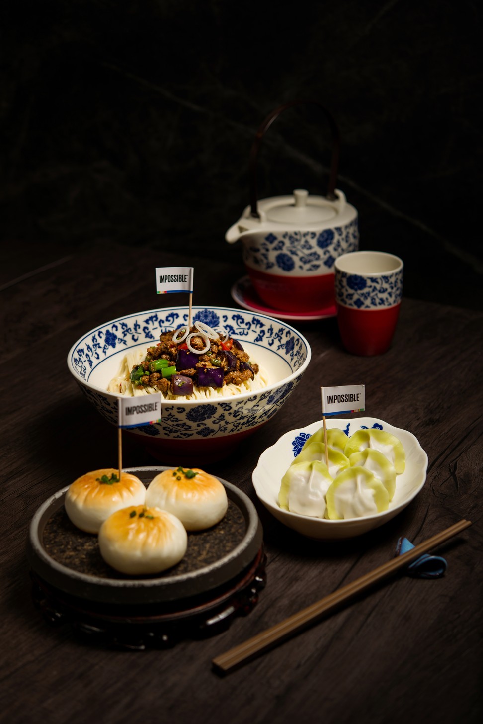 Seared buns, chive dumplings and tossed noodles with spiced aubergines are made using Impossible Foods’ plant-based ‘meat’, at The Noodle Kitchen, Galaxy Macau’s Northern Chinese restaurant.