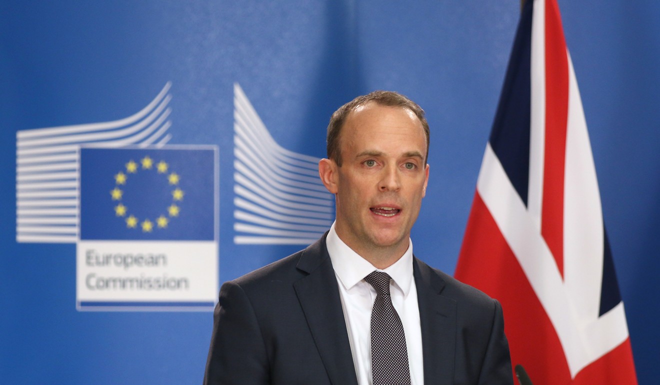 Dominic Raab, UK’s Brexit minister, speaking at a news conference in Brussels on July 26, 2018. Photo: Bloomberg
