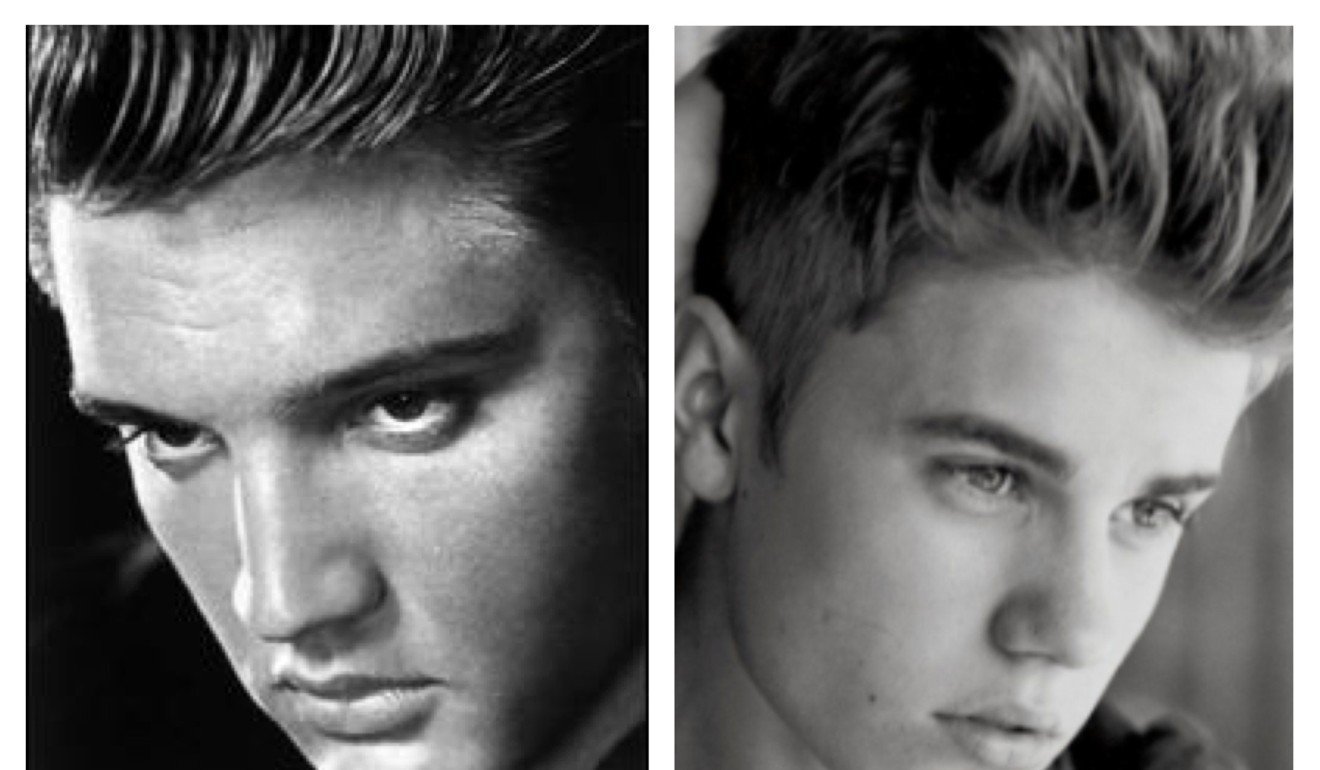 A thoughtful Elvis Presley (left) and Justin Bieber in a similar pose