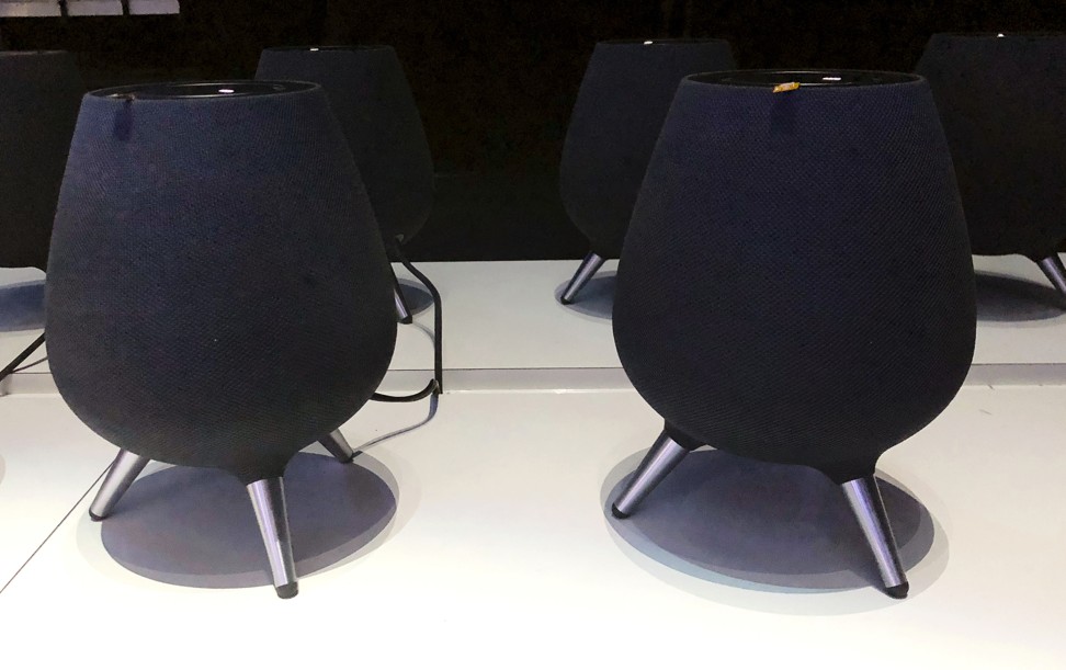 A pair of Samsung’s new Galaxy Home voice-assisted speakers, which looks like two small black pots supported by tripod stands. Photo: AP