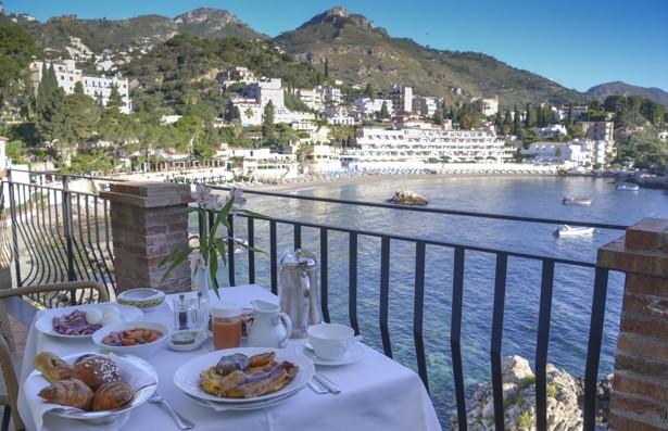 Breakfast on the balcony at the Belmond Villa Sant’Andrea hotel in Sicily’s eastern coastal town of Taormina. Photo: Chris Dwyer