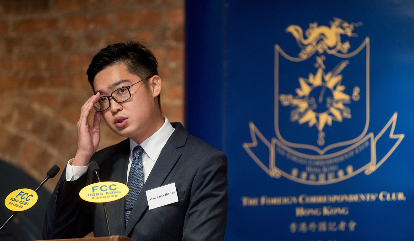 Andy Chan, founder of the Hong Kong National Party, speaks at the Foreign Correspondents’ Club. Photo: Bloomberg