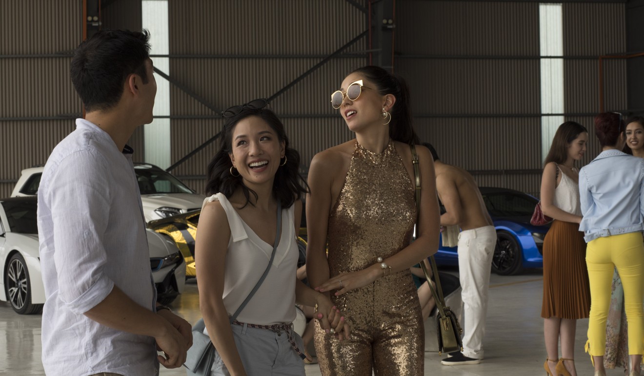 Henry Golding, Constance Wu (centre) and Sonoya Mizuno in Crazy Rich Asians.