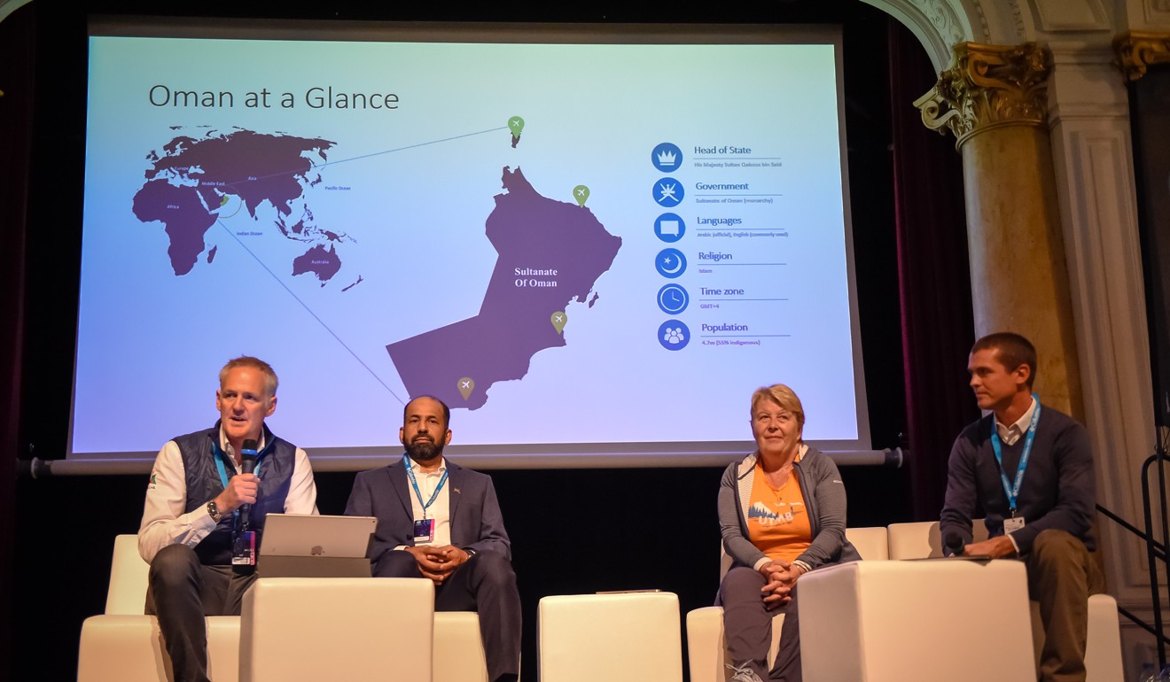 Delegates from Oman discuss the UTMB race that will cover a variety of terrain, from beaches to mountains. Photo: UTMB/Michel Cottin
