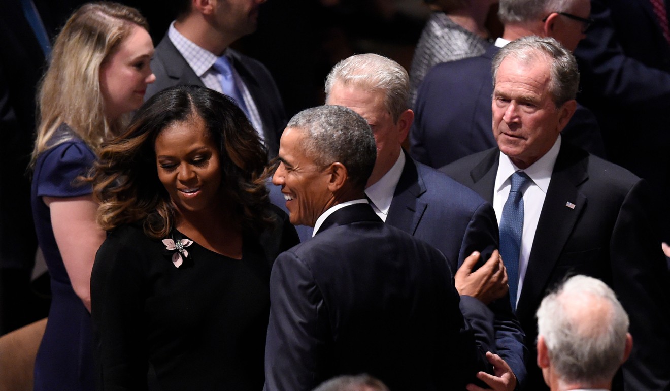 Former US first lady Michelle Obama, former president Barack Obama, former vice-president Al Gore and former president George W. Bush at the memorial service for Senator John McCain at Washington National Cathedral. Photo: AFP