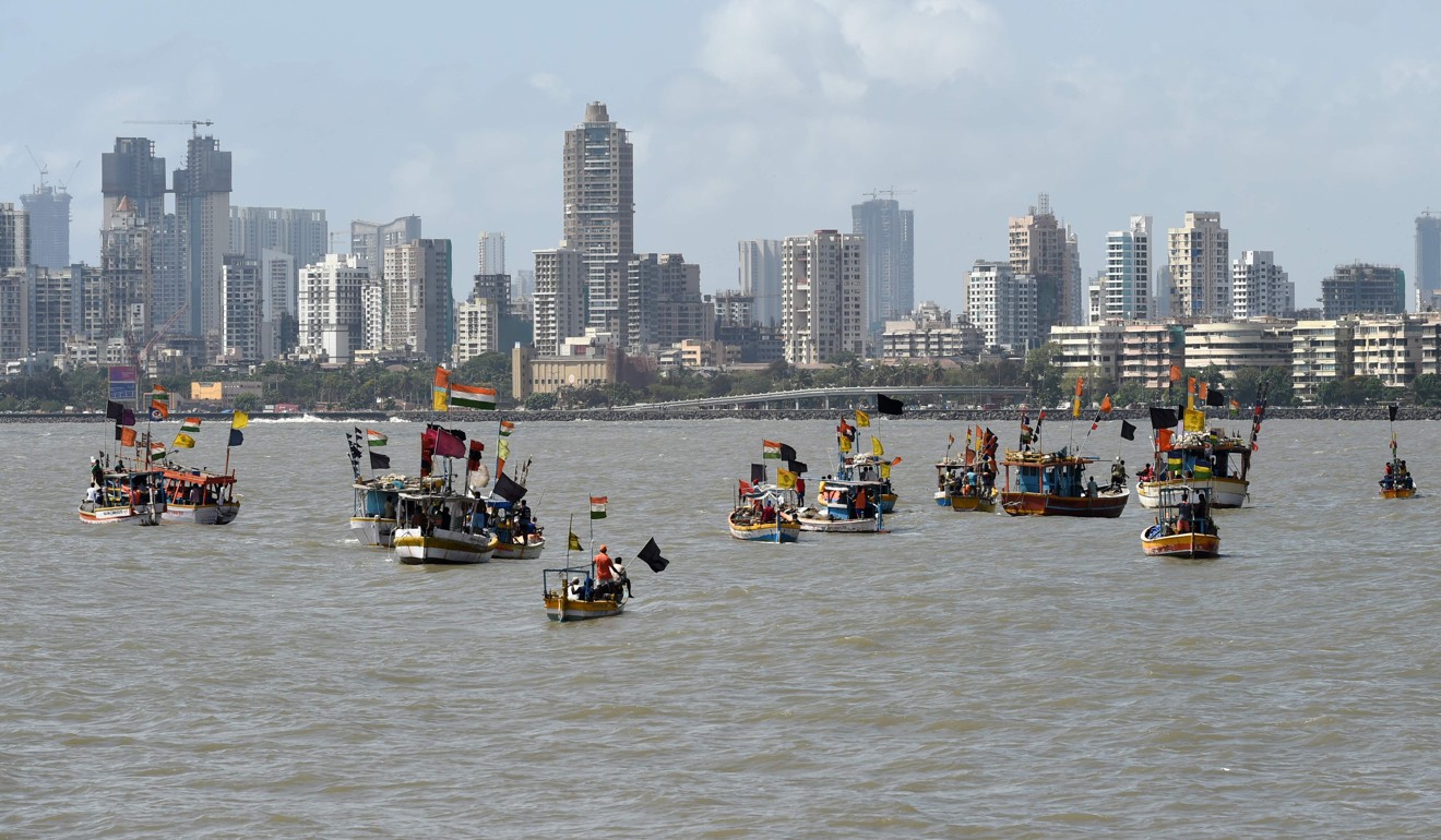 Indian fishermen taking part in a protest against the construction of the Chhatrapati Shivaji memorial statue in the Arabian Sea off the coast of Mumbai. Photo: AFP