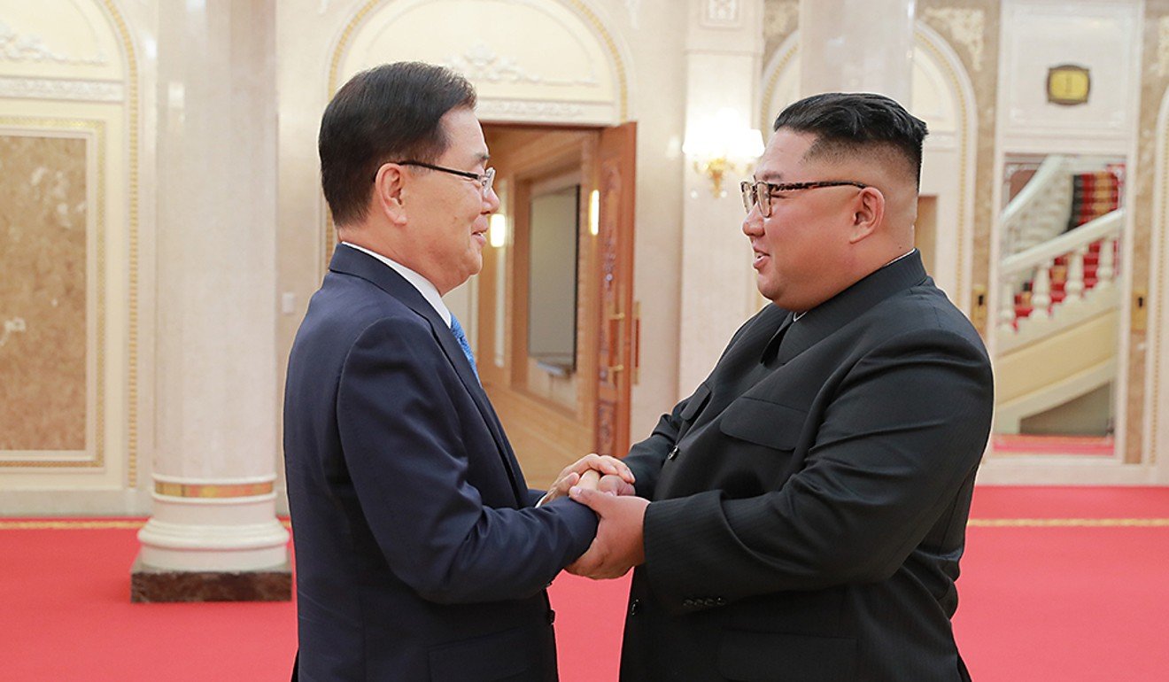 Chung Eui-yong, left, South Kore’s top national security adviser, meeting with North Korean leader Kim Jong-un in Pyongyang on Wednesday. South Korean officials reported that Kim told them he wanted to complete denuclearisation by the end of President Trump’s term in office. Photo: Xinhua/South Korea Presidential Blue House